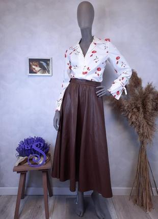 Жіноча спідниця h&m міді розкльошена еко шкіра коричнева розмір s (44)