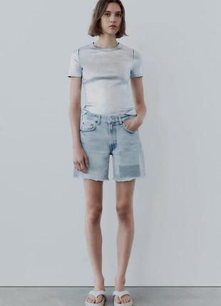 Шорти бермуди зара zara mid-rise trf denim patch shorts blue