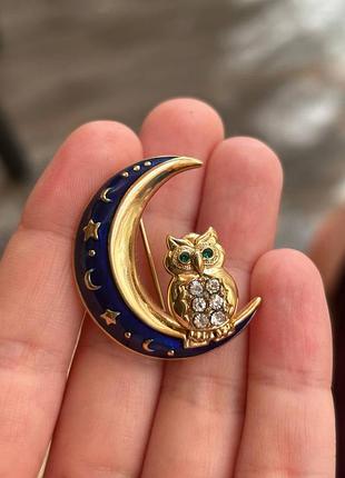 Винтажная брошь сова и полумесяц с эмалью, маркировка