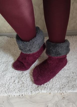 Чуні, домашні чобітки з флісу, плюшеві на прогумованій підошві "шкірмака" бордо марсала2 фото