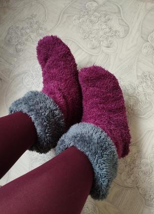 Чуні, домашні чобітки з флісу, плюшеві на прогумованій підошві "шкірмака" бордо марсала5 фото