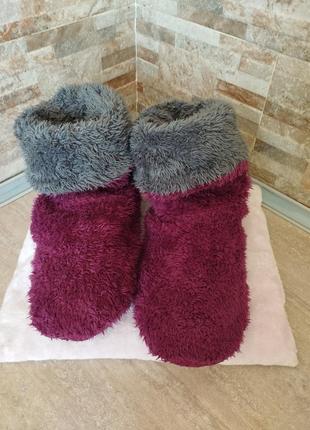 Чуні, домашні чобітки з флісу, плюшеві на прогумованій підошві "шкірмака" бордо марсала7 фото