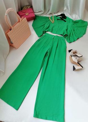 Класичний костюм яскраво-зеленого кольору туреччина у складі льон довгі широкі штани палаццо з кишен