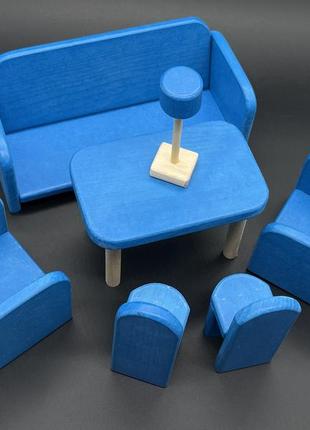 Кукольная мебель для детей деревянная "гостиная" комплект ручной работы синий цвет1 фото