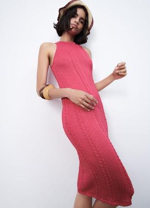 Стильне трикотажне яскраве рожеве плаття фактурне по фігурі міді zara4 фото
