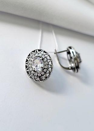 Серебряные серёжки серьги овал в белых камнях серебро 925 пробы черненное 72550б 5.75г3 фото