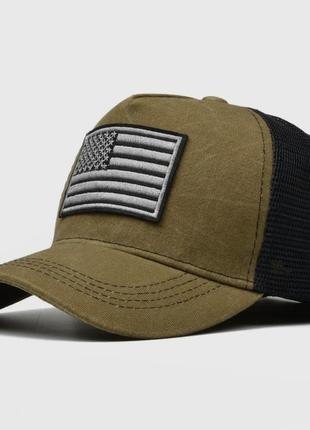 Кепка тракер флаг america, usa (америка, сша) с сеточкой хаки, унисекс wuke one size