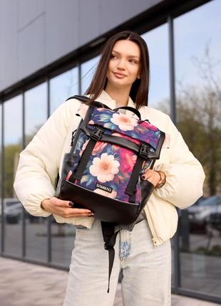 Жіночий рюкзак sambag aura чорний з принтом "magenta flowers"7 фото