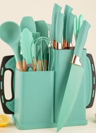 Набор кухонных принадлежностей 19 штук, на подставке , материал силикон, бамбук, стильный эргономичный дизайн
