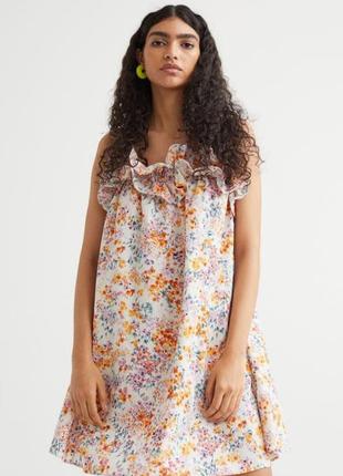 Стильное свободное цветочное платье лен +хлопок с оборкой от h&m 46-48
