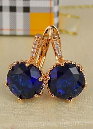 Серьги xuping jewelry с синим большим камнем шестигранная оправа 2 см золотистые
