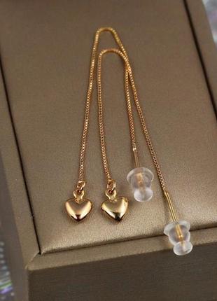 Серьги продевки xuping jewelry гладкие сердечки 9 см золотистые