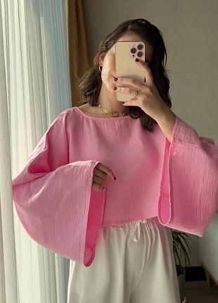 Кофта блузка натуральна муслін широка рукави фонаріки кльош обʼємні рукави топ оверсайз вільна короткий топ