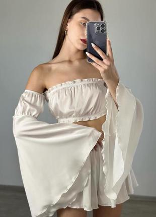 Преміальна біла/молочна сатинова/шовкова піжама двійка шорти+топ королівський ексклюзивний комплект для дому 42 44 46 48 xs s m l