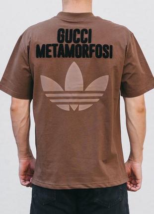 Мужская футболка хлопковая  adidas x gucci 100% cotton / адидас гуччи коричневая летняя одежда3 фото