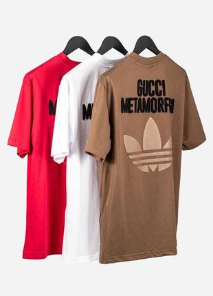 Мужская футболка хлопковая  adidas x gucci 100% cotton / адидас гуччи коричневая летняя одежда10 фото