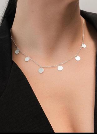 Серебряное колье с монетками женское 925 пробы якорного плетения