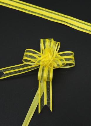 Подарунковий бантик зі стрічки на затяжках для декору та пакування подарунків колір жовтий. 3х7 см1 фото