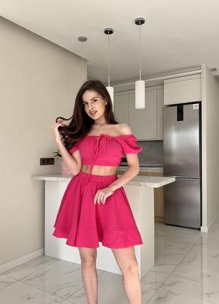 Костюм жіночий зі спідницею міні повсякденний бавовняний нарядний чорний білий синій зелений рожевий бежевий легкий літній на літо спідниця коротка