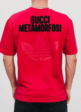 Мужская футболка хлопковая  adidas x gucci 100% cotton / адидас гуччи красная летняя одежда5 фото