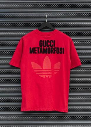 Мужская футболка хлопковая  adidas x gucci 100% cotton / адидас гуччи красная летняя одежда4 фото