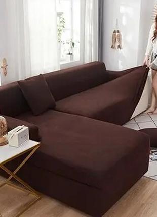 Универсальные чехлы на угловые диваны без оборки жаккард 3х+2х, съемный чехол на угловой диван коричневый