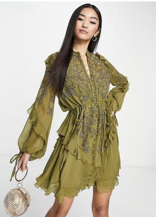 Шифонова міні-сукня оливкового кольору з принтом asos design uk6