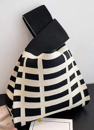 Тренд стильна чорно біла жіноча в'язана текстильна сумка шопер