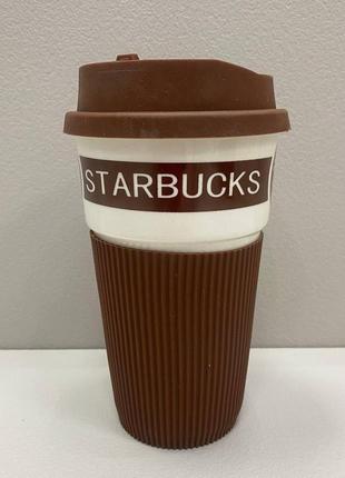 Склянка керамічна із силіконовою кришкою 400 мл starbucks 9703 коричнева з білим