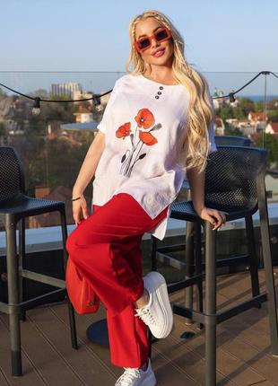 Лляна блузка вільного прямого крою з короткими рукавами блуза з квітковим принтом кофта футболка стильна базова жовта синя рожева біла