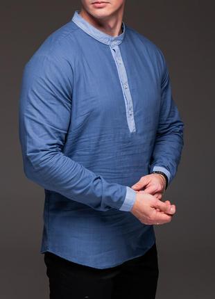 Чоловіча сорочка лляна з білими вставками , довгий рукав синя