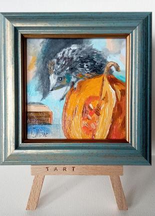 Картина олією 10х10 см їжачок на гарбузі в рамі на підставці