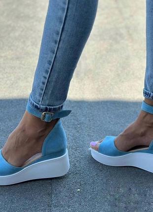 36-41 рр босоножки натуральная замша/ кожа на танкетке белый, черный, красный, голубой, пудра3 фото