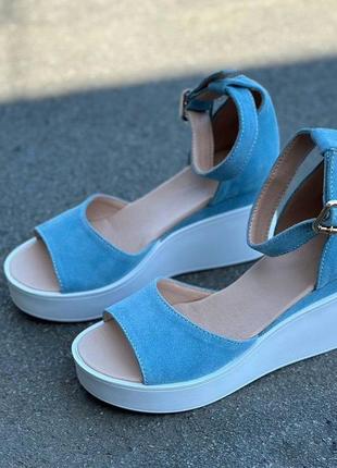 36-41 рр босоножки натуральная замша/ кожа на танкетке белый, черный, красный, голубой, пудра2 фото