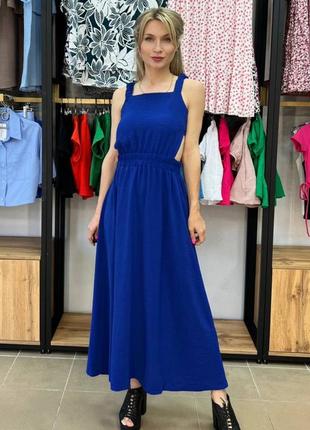 Синя електрик жіноча літня довга сукня з відкритою спиною жіноча сукня міді вільного крою з відкритою спиною