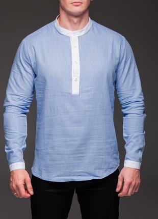 Чоловіча сорочка лляна з білими вставками , довгий рукав блакитна2 фото