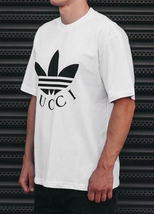 Мужская футболка хлопковая  adidas x gucci 100% cotton / адидас гуччи белая летняя одежда2 фото