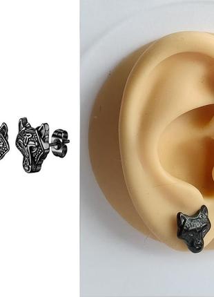 Мужские маленькие серьги волк мед. сталь черные