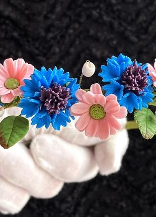 Обруч з квітами, обруч блакитні волошки та ніжно рожеві ромашки2 фото