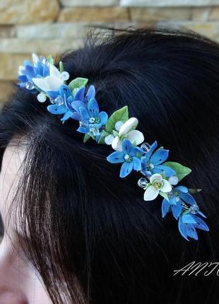 Обруч для волосся з квітами, обруч блакитні та білі квіти1 фото