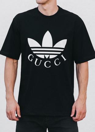 Чоловіча футболка бавовняна adidas x gucci 100% cotton / адідас гуччі чорна літній одяг