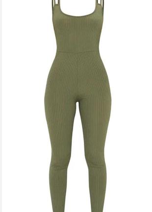Новый брючный обтягивающий комбинезон в рубчик хаки размер с-м prettylittlething