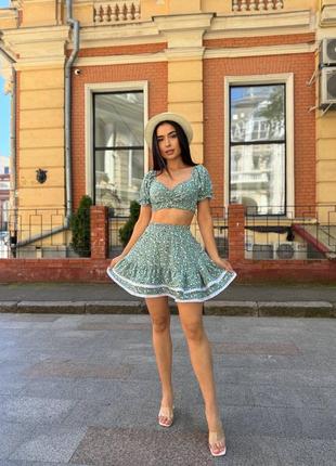 Костюм укорочений топ короткий рукав рюшка кльош коротка блузка волани теніска спідниця міні літо легкий бра