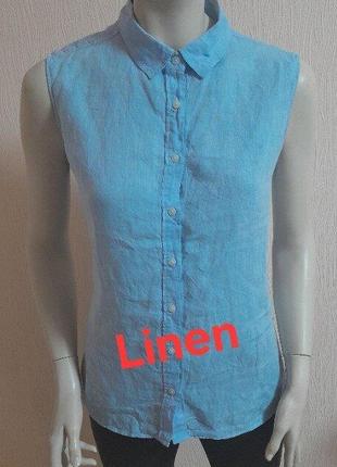Стильная льняная рубашка голубого цвета без рукавов uniqlo, оригинал