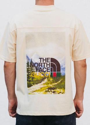 Чоловіча футболка бавовняна the north face x gucci 100% cotton / нортфейс гуччі бежева літній одяг