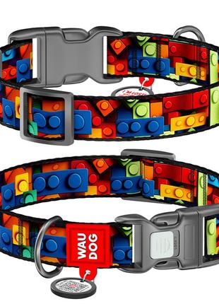 Ошейник для собак нейлоновый waudog nylon c qr паспортом, рисунок "блоки", пластиковый фастекс, м, ш 20 мм, дл