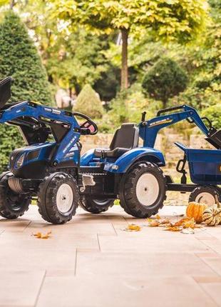 Дитячий трактор на педалях з причепом, переднім та заднім ковшами falk 3090w new holland (колір - синій)