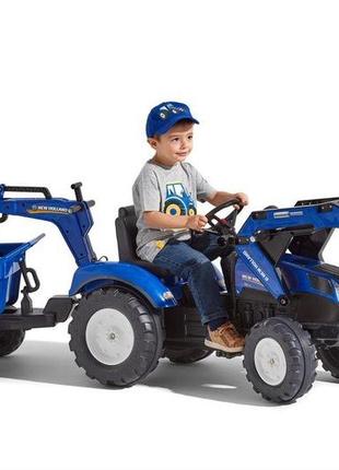 Дитячий трактор на педалях з причепом, переднім та заднім ковшами falk 3090w new holland (колір - синій)3 фото