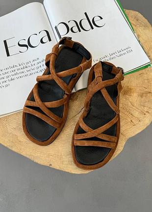 Босоніжки жіночі замшеві, з палітурками, натуральна замша, сандалії, коричневі