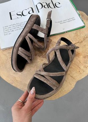 Босоніжки жіночі замшеві, з палітурками, натуральна замша, сандалії, капучино